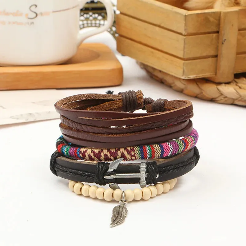 Handmade Boho Gypsy Hippie Brown Leather Bracelet Men Rope Cord Hand Turquoises Charm Stackable Wrap Bracelets for Women Jewelry