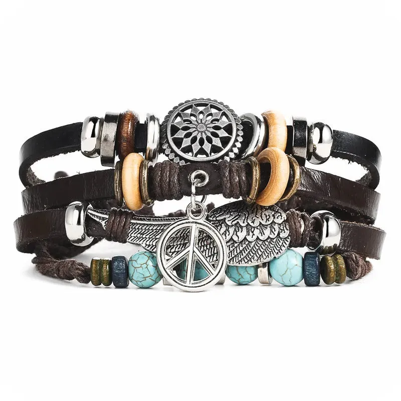 Handmade Boho Gypsy Hippie Brown Leather Bracelet Men Rope Cord Hand Turquoises Charm Stackable Wrap Bracelets for Women Jewelry