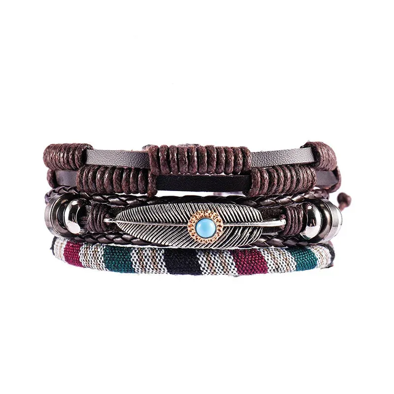 Handmade Boho Gypsy Hippie Brown Leather Bracelet Men Rope Cord Hand Turquoises Charm Stackable Wrap Bracelets for Women Jewelry