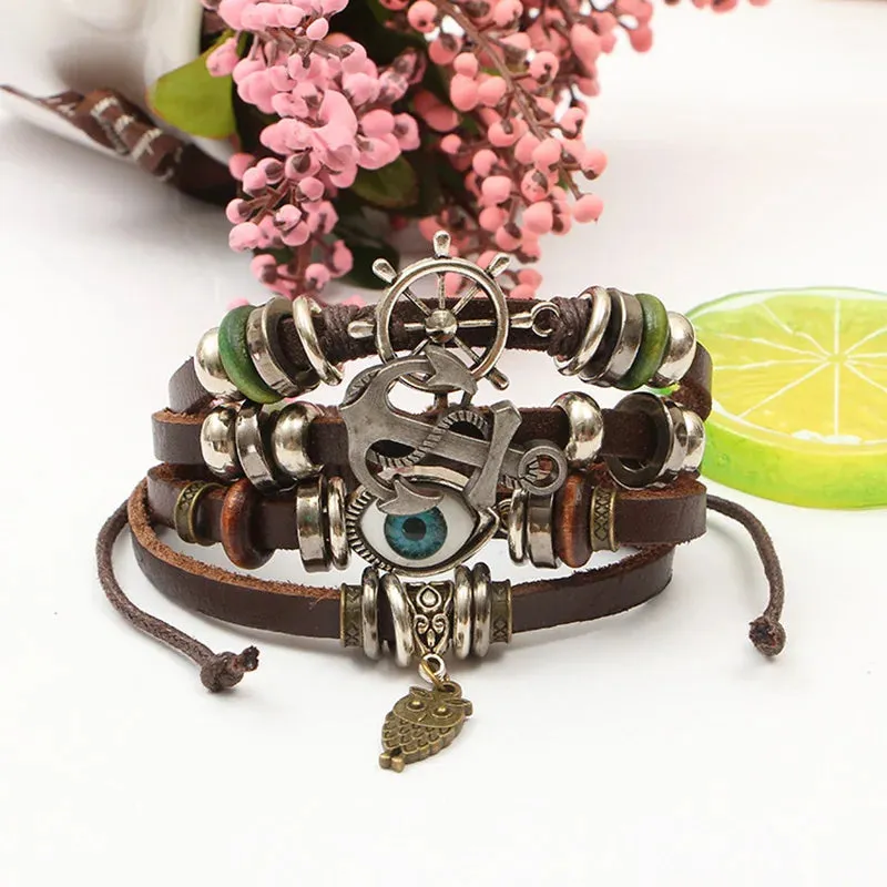 Handmade Boho Gypsy Hippie Brown Leather Bracelet Men Rope Cord Hand Turquoises Charm Stackable Wrap Bracelets for Women Jewelry