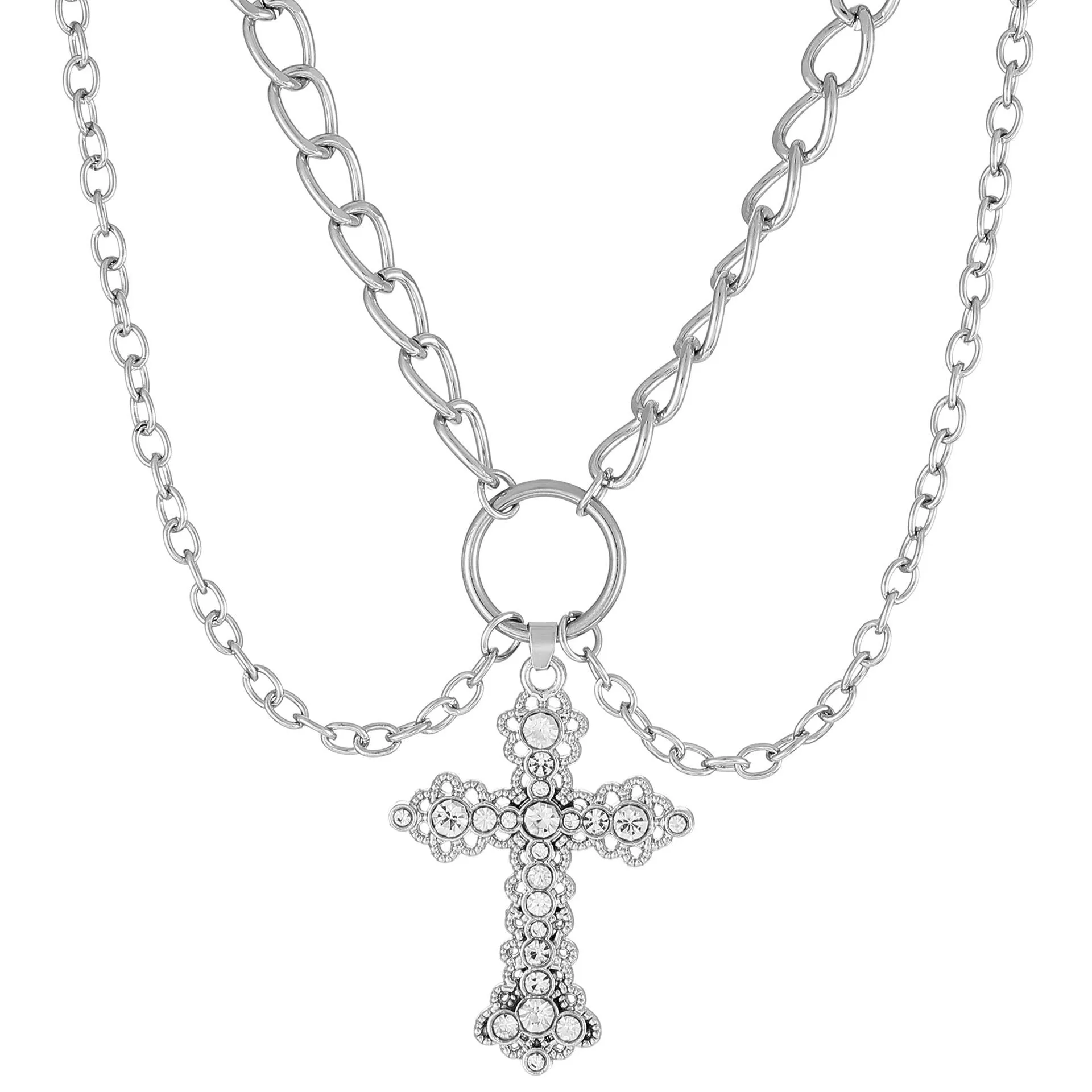 INS Alloy Vintage Diamond Cross Pendant Necklace