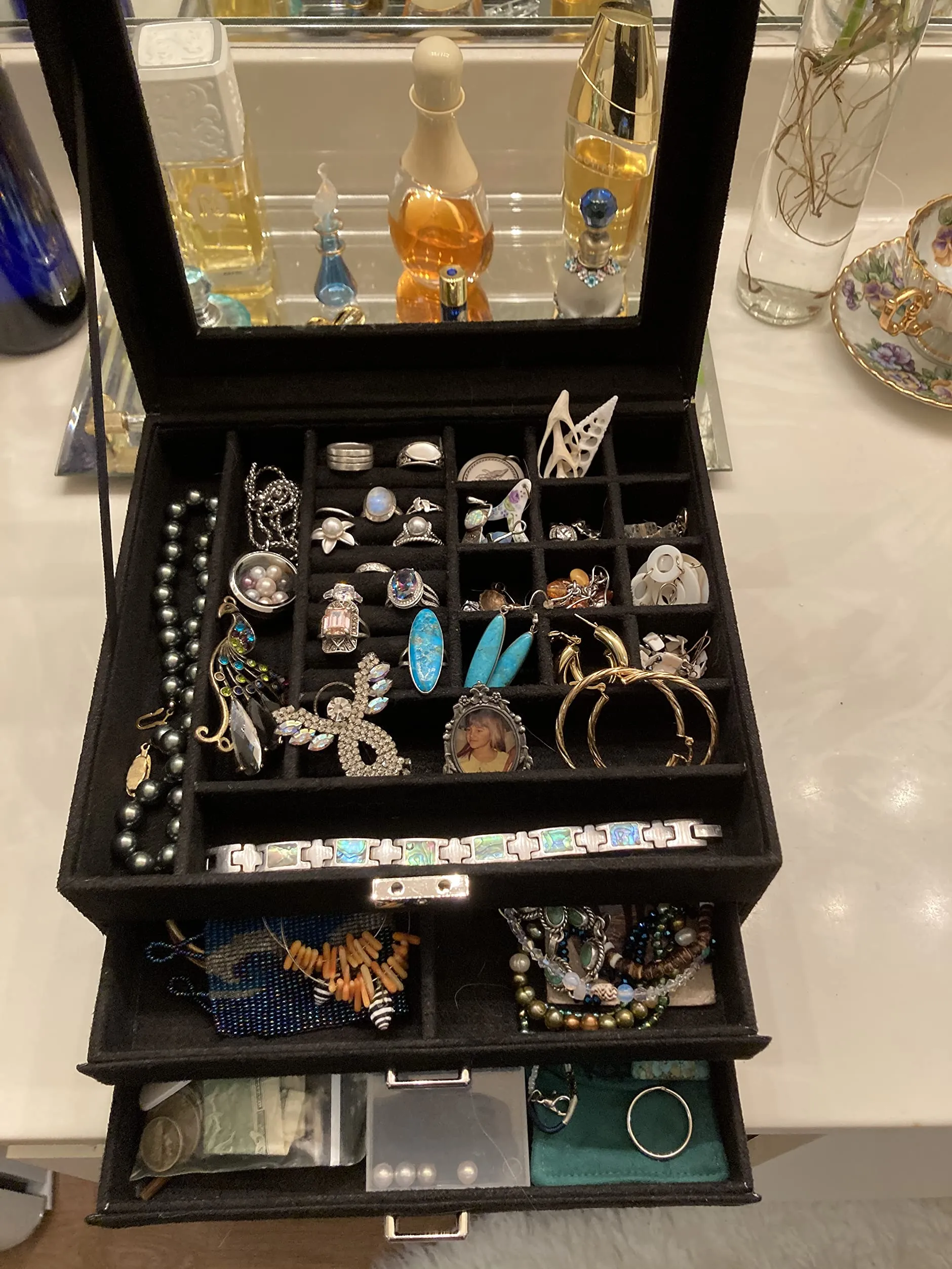 Jewelry Box, 3-Tier Jewelry Display Case and Organizer with Clear Glass Lid, Varying Compartments for Necklaces