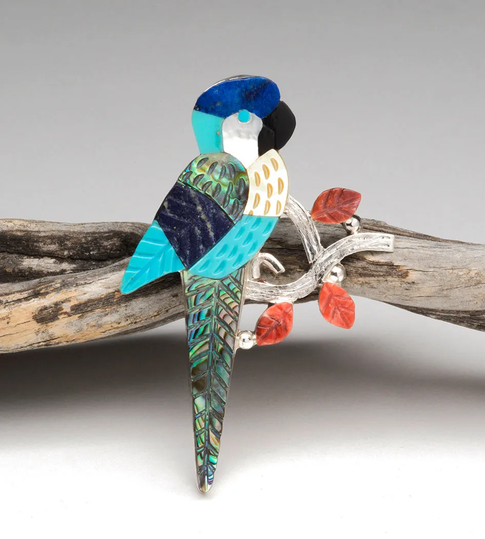 Joyously Colorful Stone To Stone Inlaid Parrot Pin/Pendant