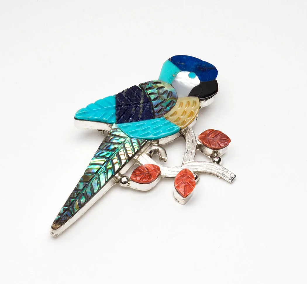 Joyously Colorful Stone To Stone Inlaid Parrot Pin/Pendant