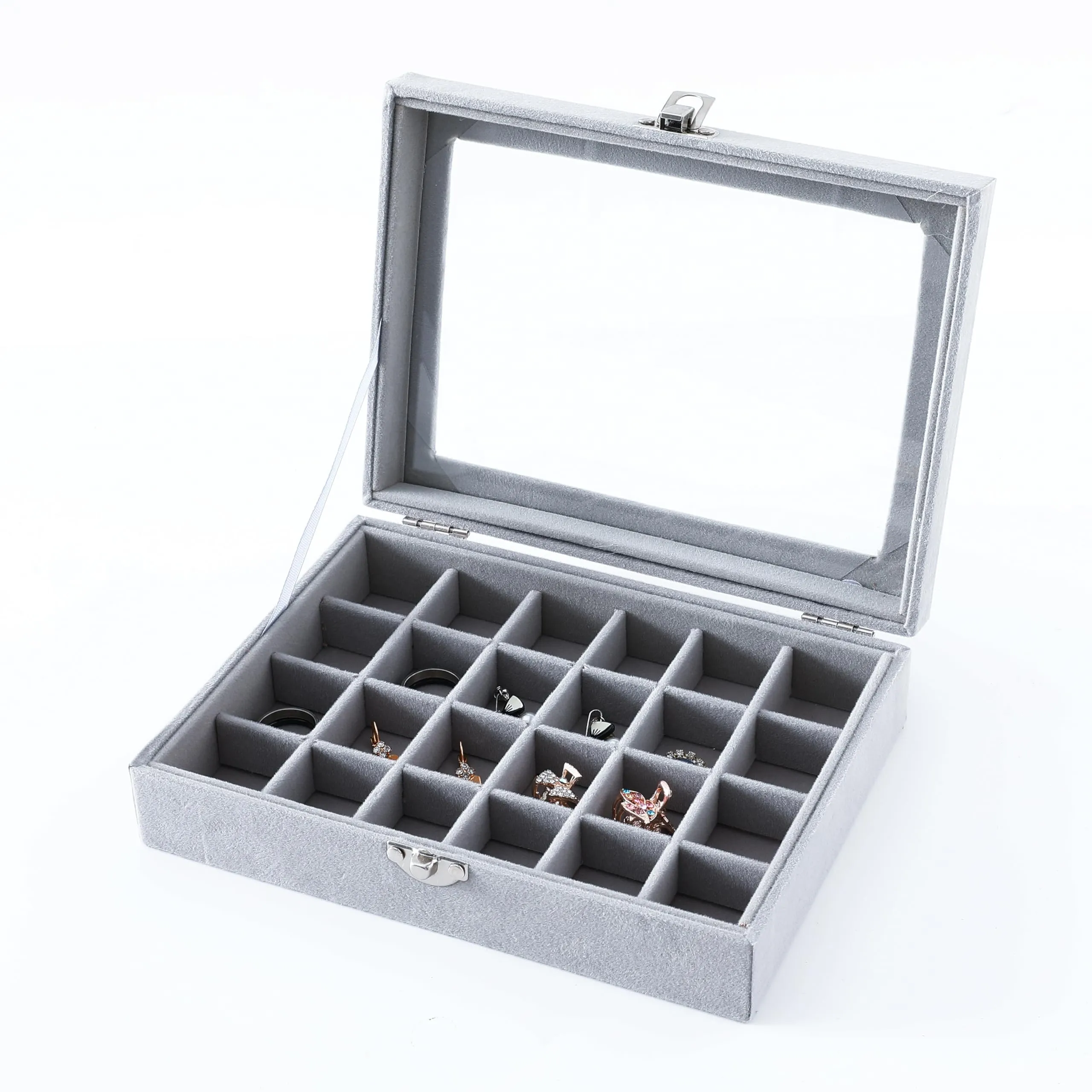 Kuber Industries 24 Grids Velvet Jewelry Box Organizer | Jewelry Storage Box | Jewelry Organizer | Showcase Holder Dresser Organizer for Earring Necklace Bracelet Ring | Pack of 6 | YBLG03 | Grey