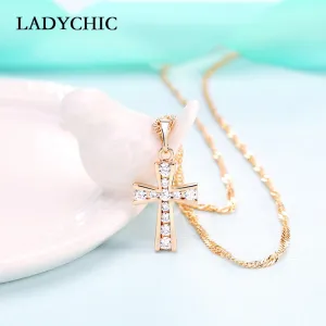 LADYCHIC Elegant Zircon Cross Pendant Gold Color Christian Jesus Jewelry Necklace for Women Cute Small Pendant Wholesale LN1087