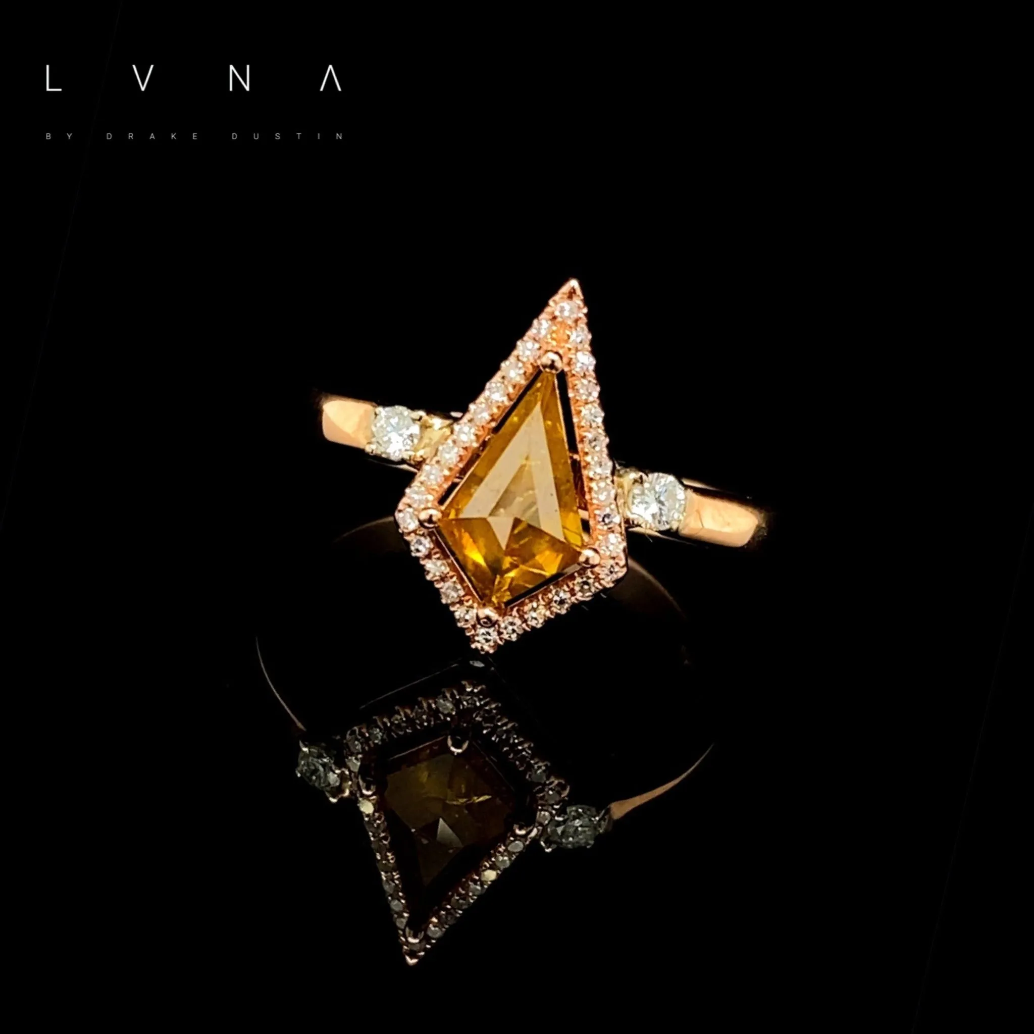 LVNA Signatures™️ Rare 2.00ct Kite Cut Rare Orange Diamond Halo Paved Band 14kt