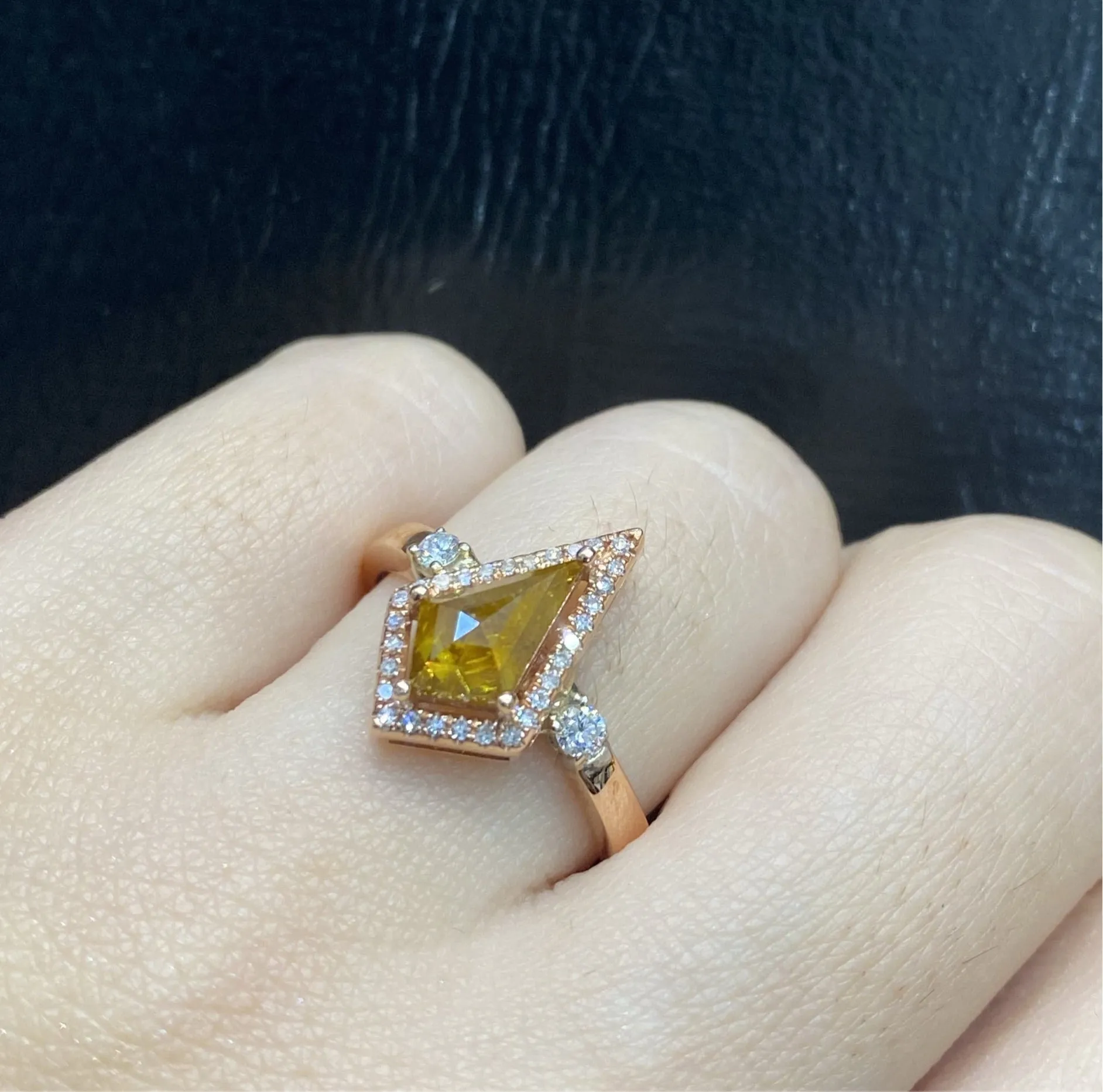 LVNA Signatures™️ Rare 2.00ct Kite Cut Rare Orange Diamond Halo Paved Band 14kt