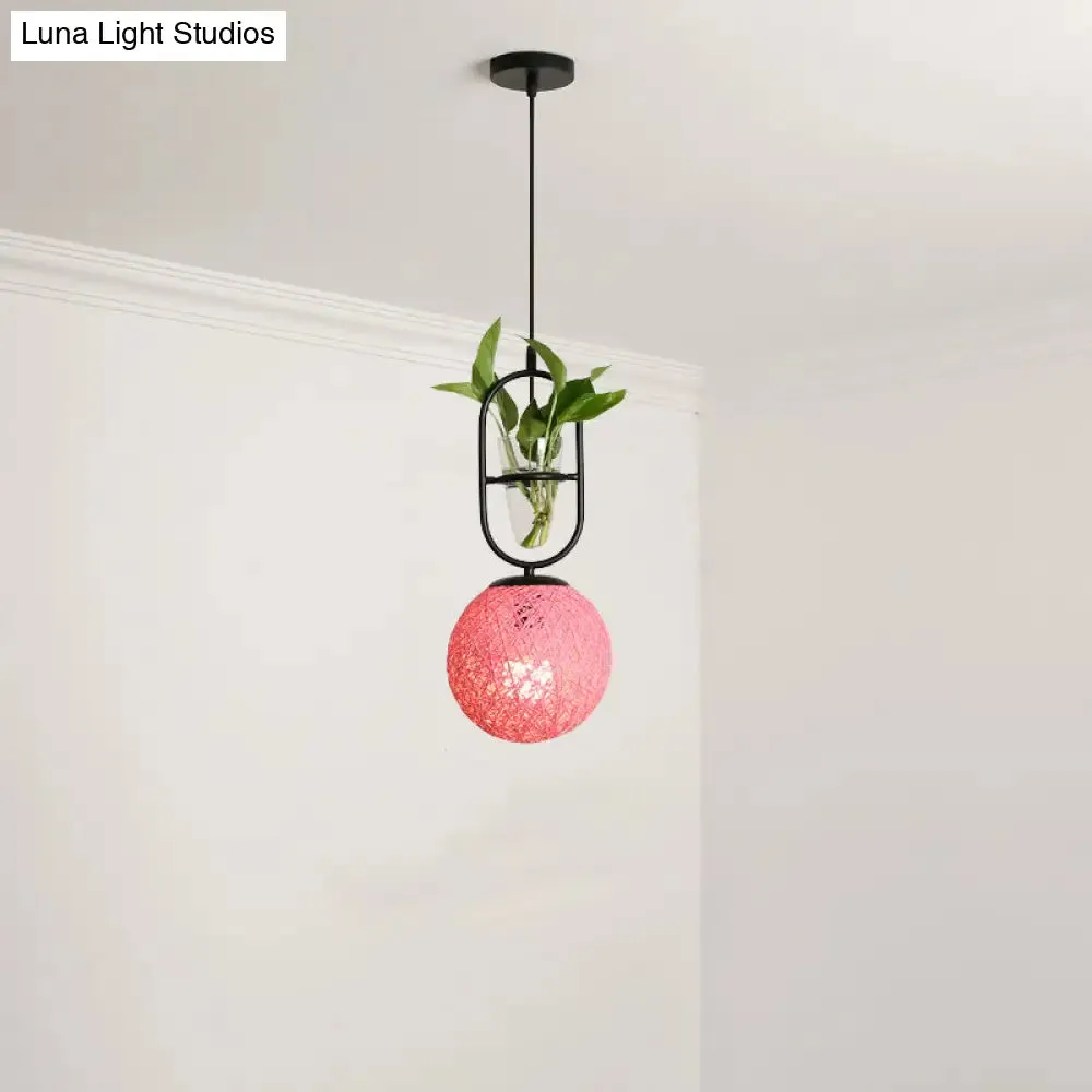 Macaron Rattan Globe Pendant Light with Plant Pot - Beige/Red/Pink