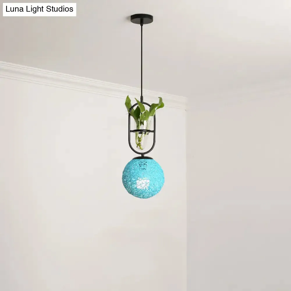 Macaron Rattan Globe Pendant Light with Plant Pot - Beige/Red/Pink