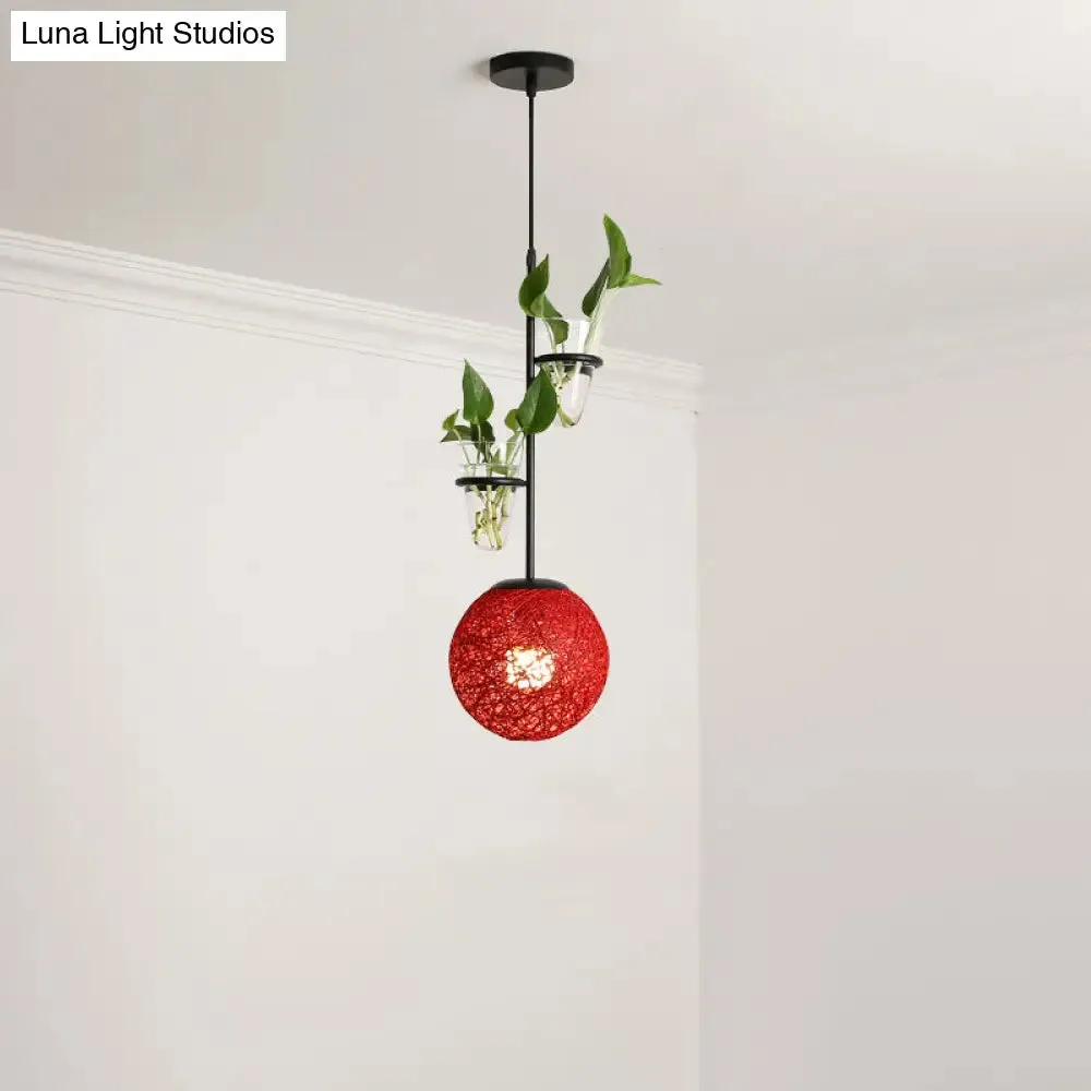 Macaron Rattan Globe Pendant Light with Plant Pot - Beige/Red/Pink