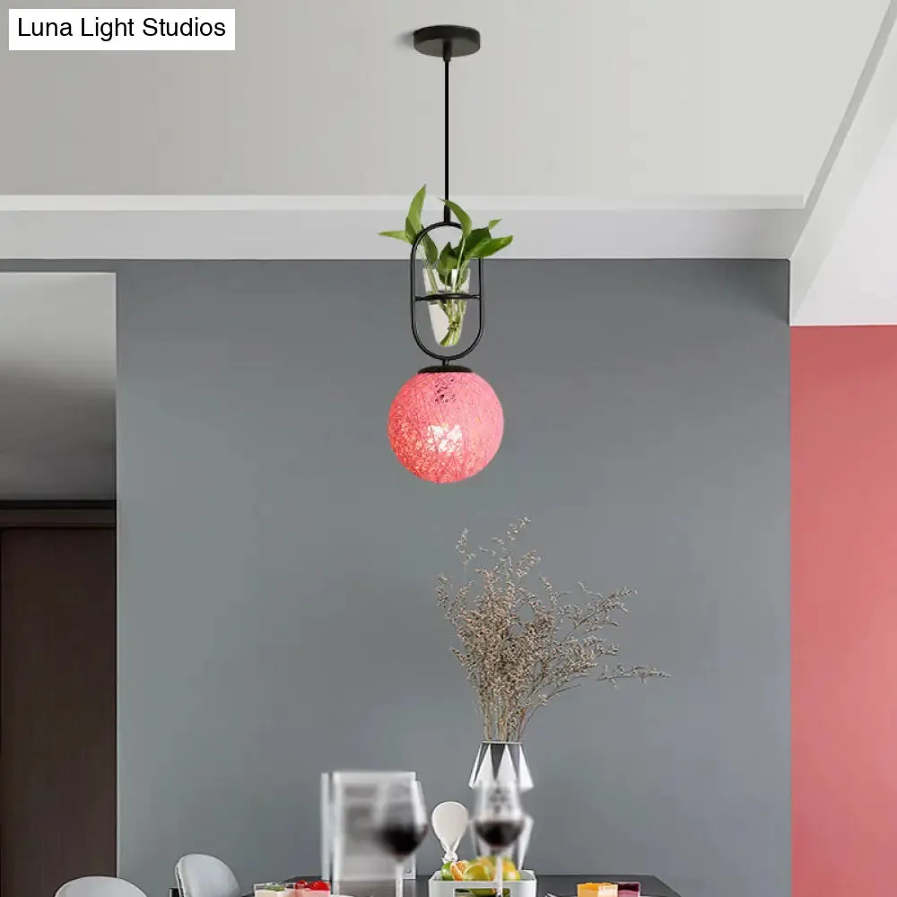 Macaron Rattan Globe Pendant Light with Plant Pot - Beige/Red/Pink