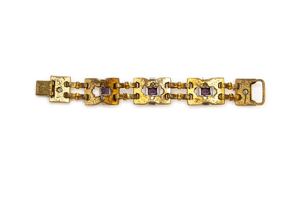 McCLELLAND BARCLAY 1930s Gold Plated with Purrple and Clear Rhinestones Bracelet