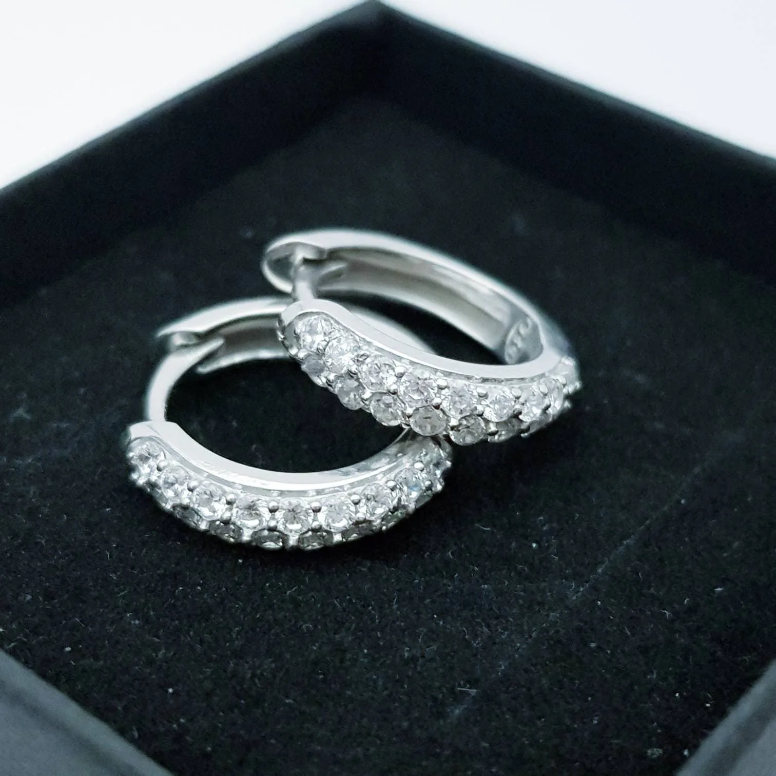 Medium hoop earrings, silver huggie earrings, faux diamond huggies