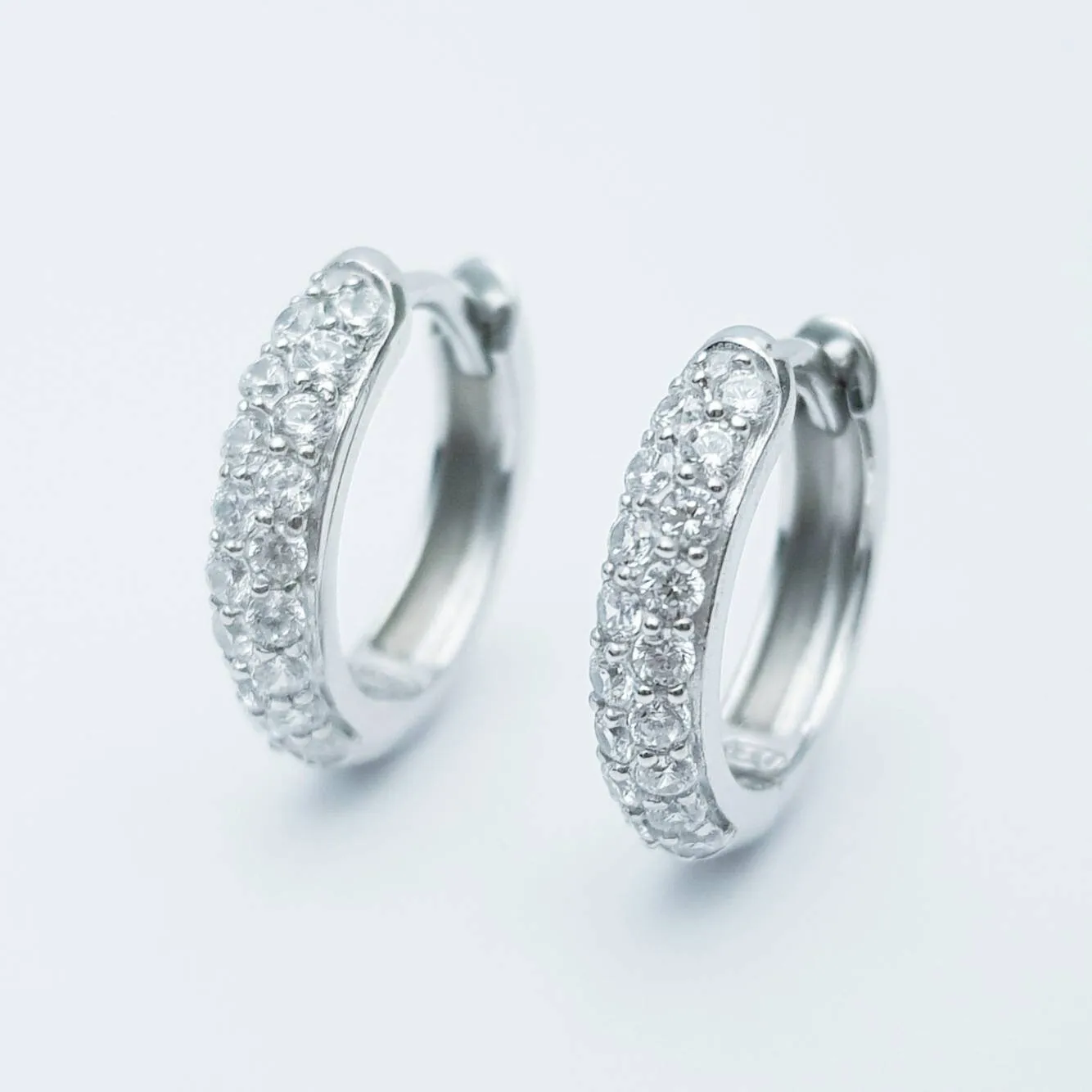 Medium hoop earrings, silver huggie earrings, faux diamond huggies