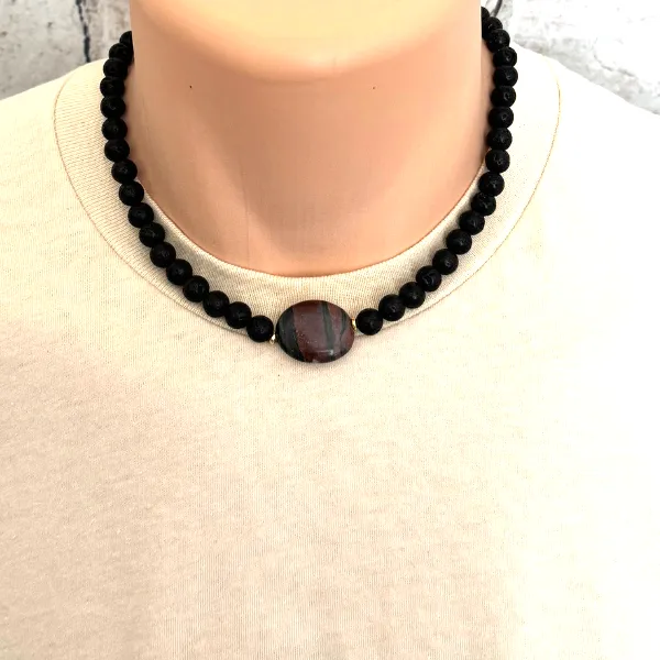 Mens Black Lava and Canyon Marble Beaded Necklace