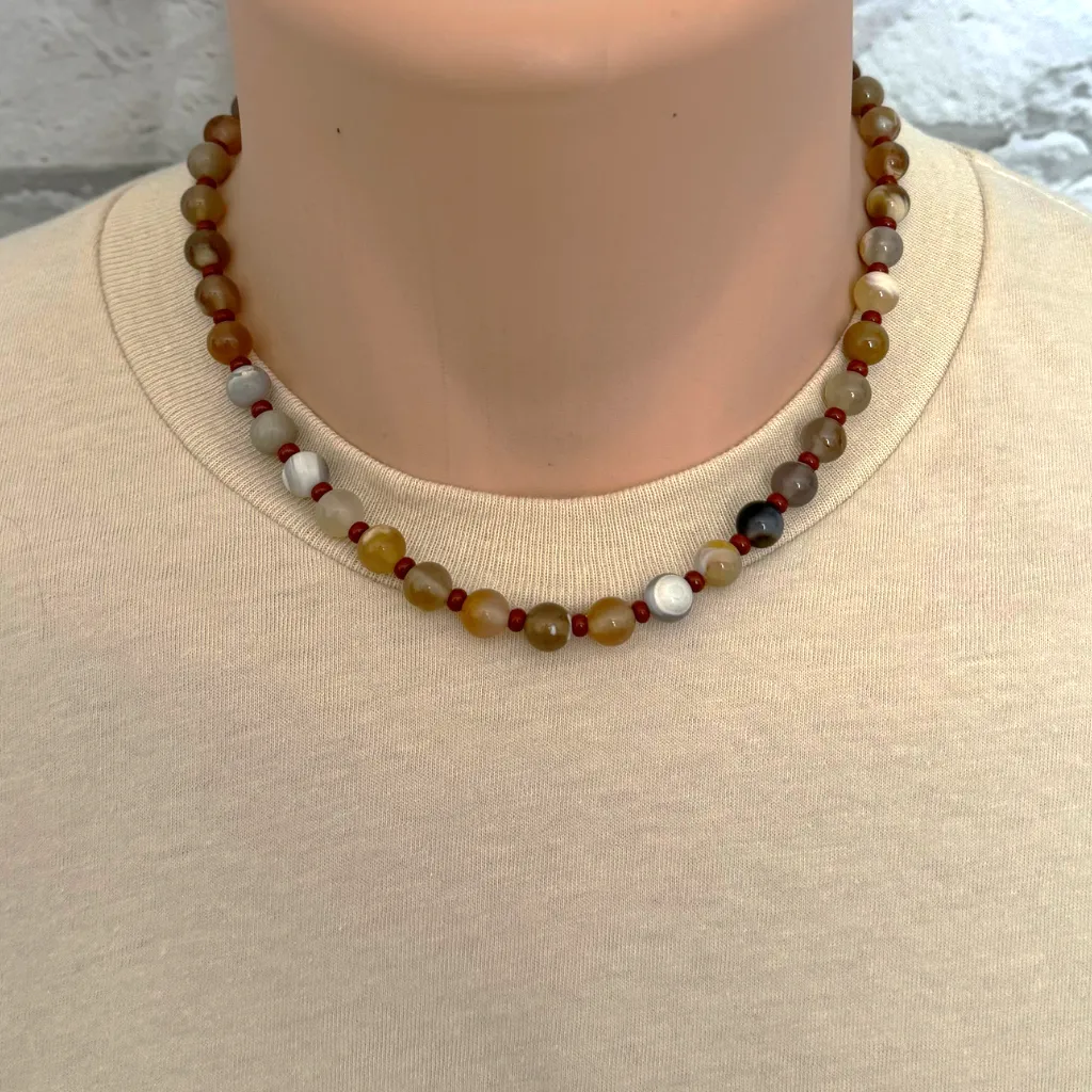 Mens Gray and Orange Agate and Brick Toho Beaded Necklace