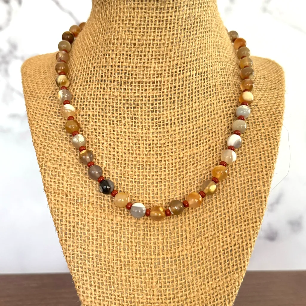 Mens Gray and Orange Agate and Brick Toho Beaded Necklace