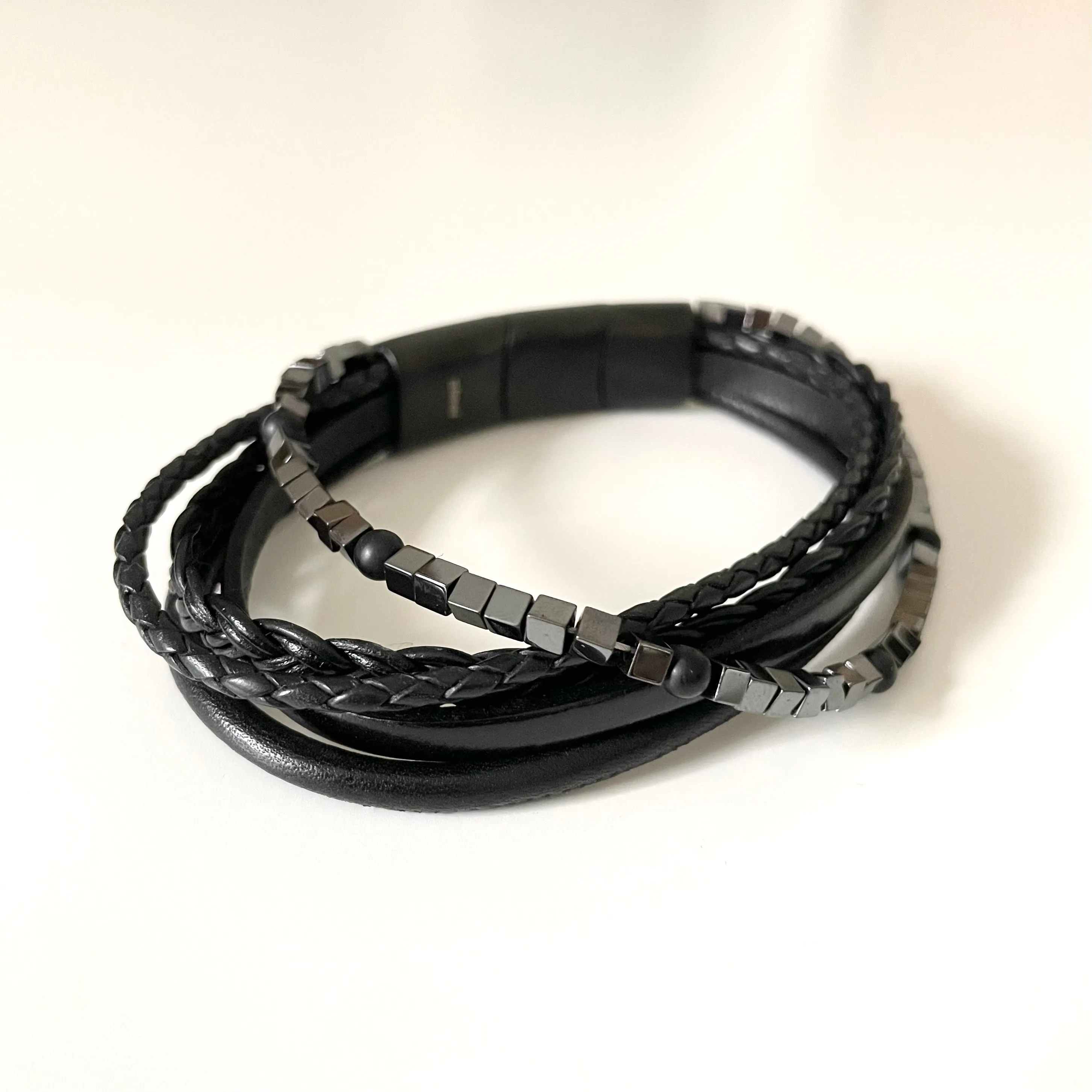 Nappa Leather Hematite and Onyx Bead 5 Band Bracelet with a Black Stainless Steel Snap Fastener