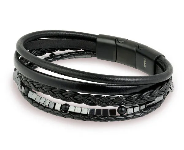 Nappa Leather Hematite and Onyx Bead 5 Band Bracelet with a Black Stainless Steel Snap Fastener