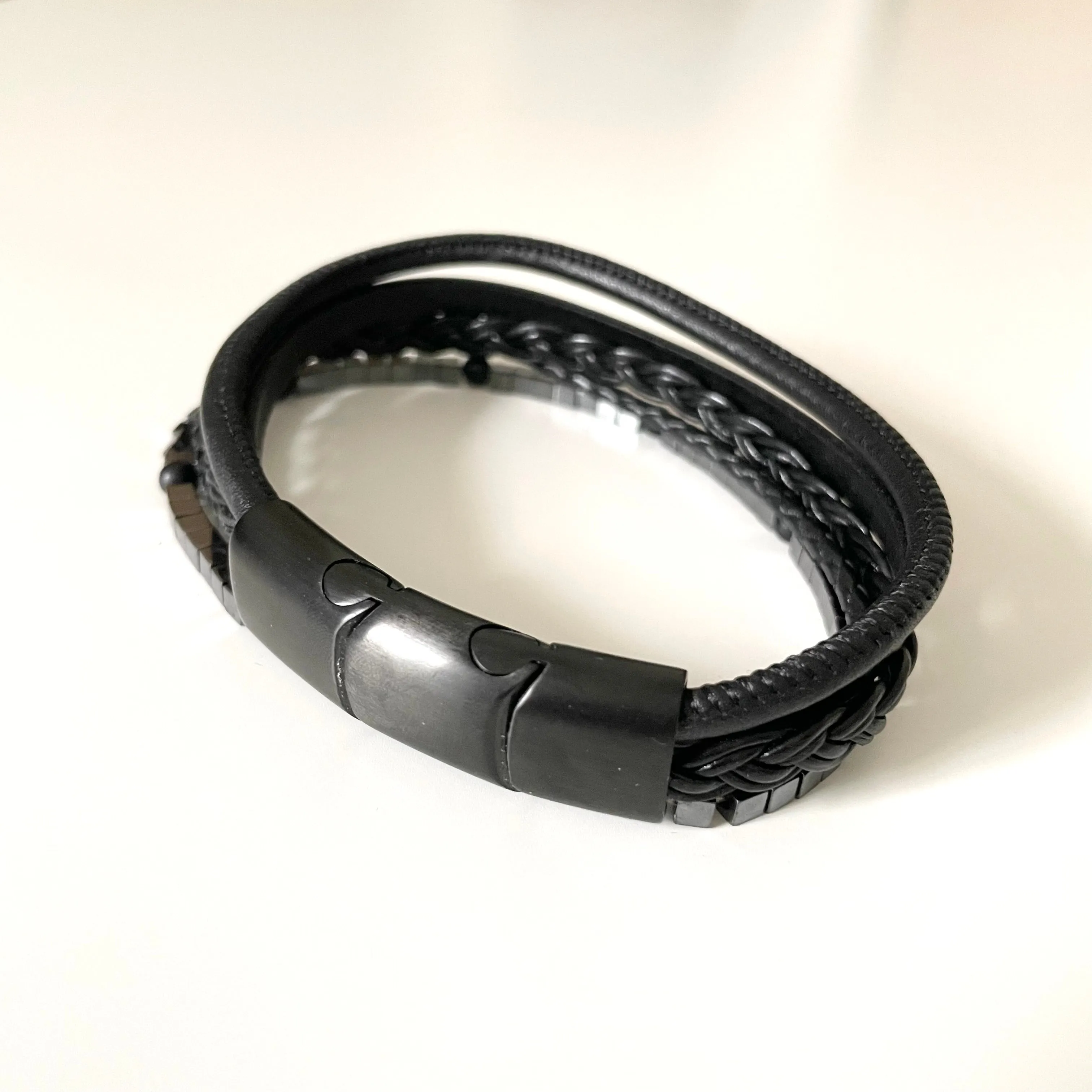 Nappa Leather Hematite and Onyx Bead 5 Band Bracelet with a Black Stainless Steel Snap Fastener