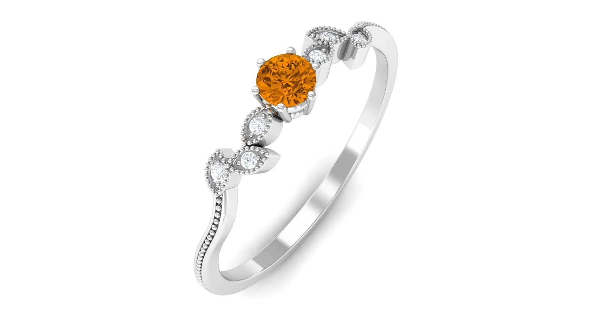 Natural Citrine Solitaire Leaf Inspired Promise Ring with Diamond