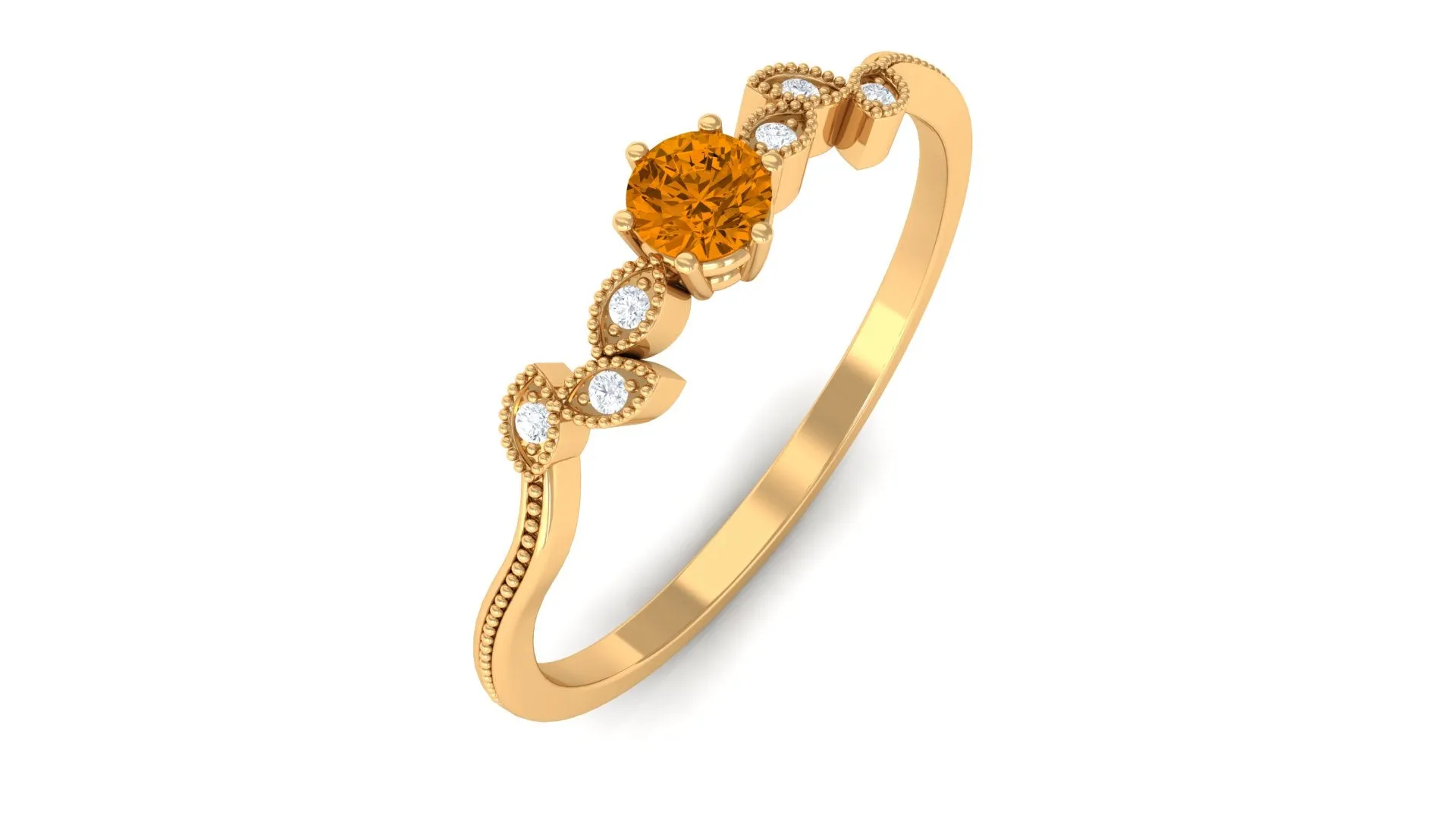 Natural Citrine Solitaire Leaf Inspired Promise Ring with Diamond