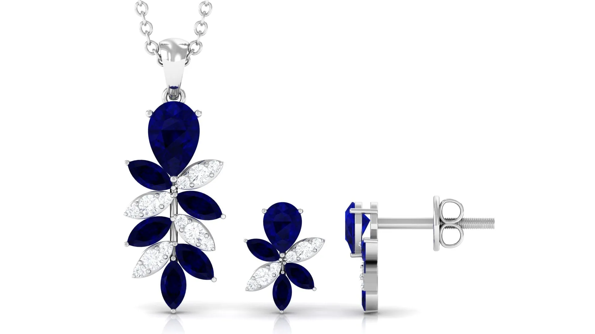 Nature Inspired Blue Sapphire and Diamond Dangle Pendant Earrings