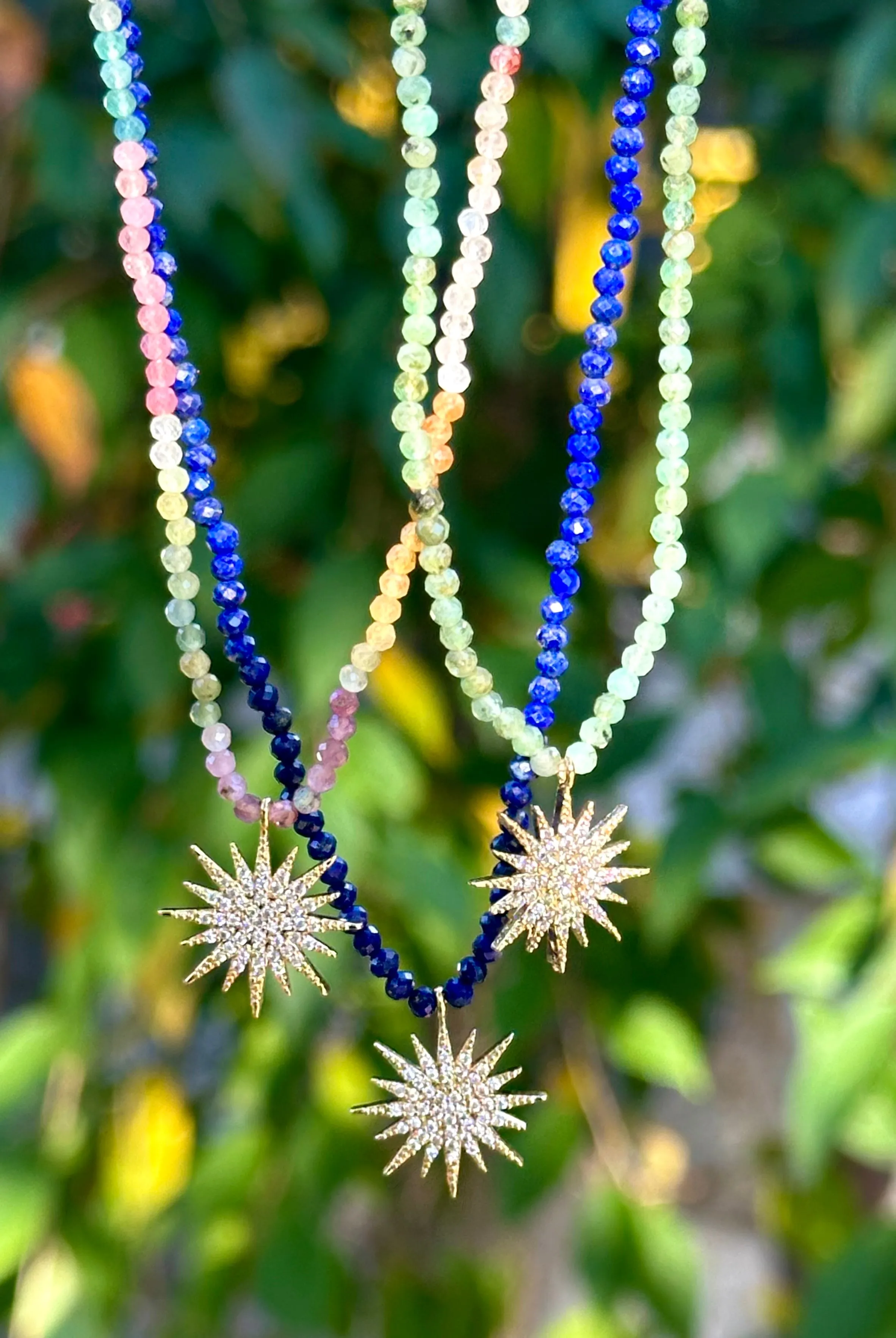 New! Gemstone Sunburst Rainbow Necklace - Pink Tourmaline