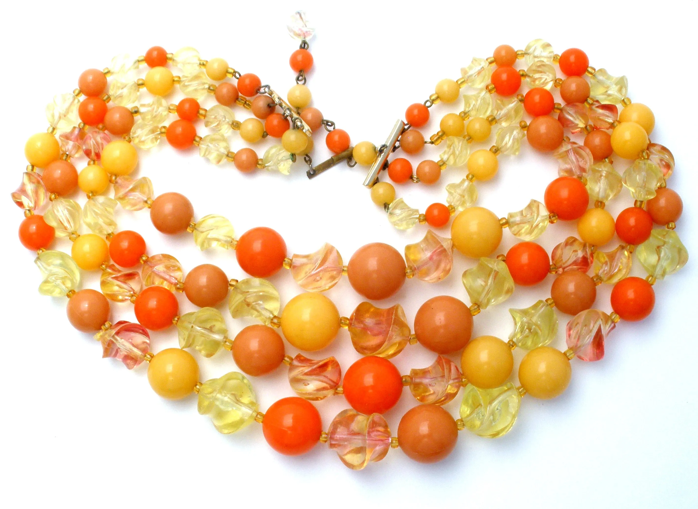 Orange & Yellow Lucite Bead Necklace Multi Strand