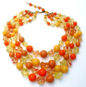 Orange & Yellow Lucite Bead Necklace Multi Strand