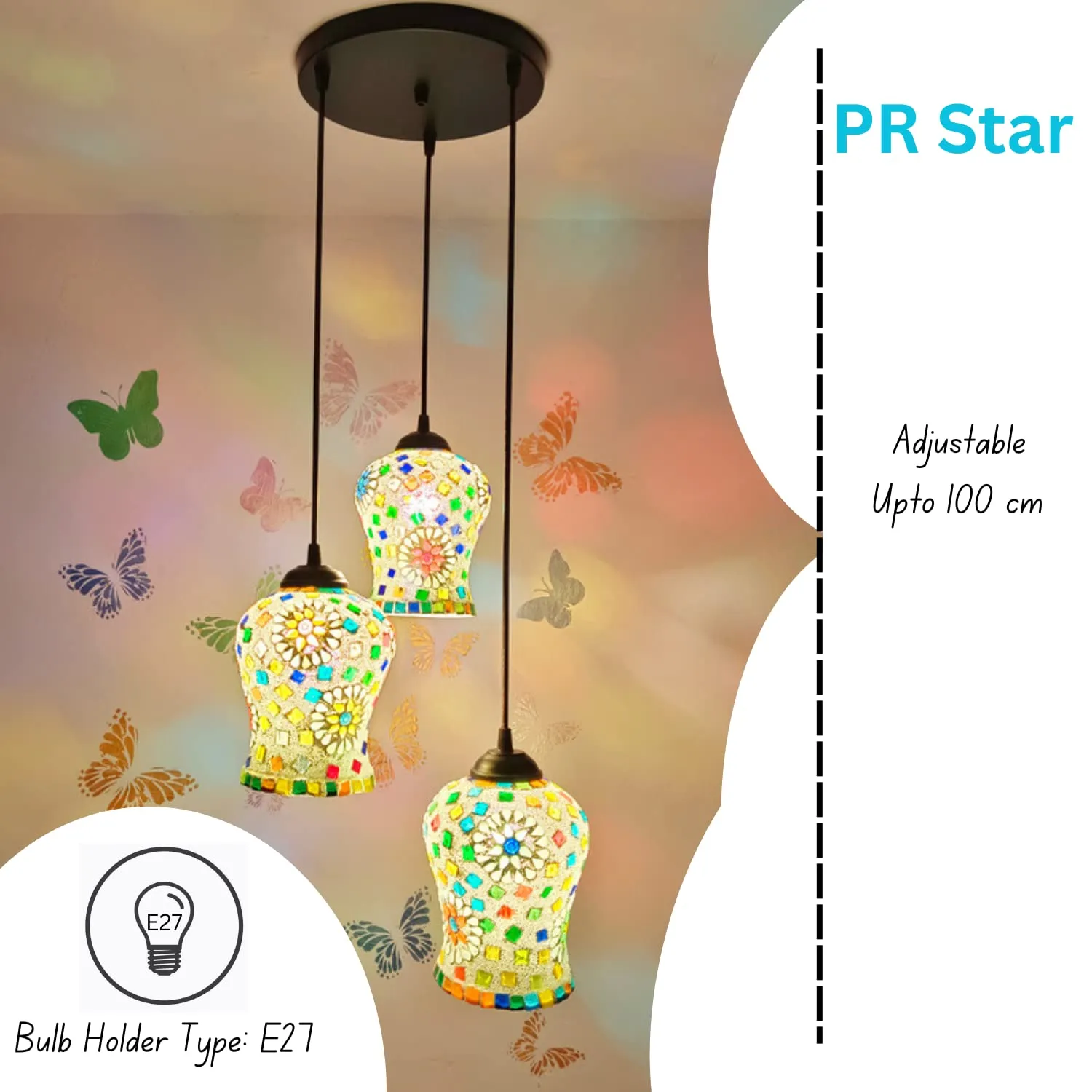 PR Star Classical Hanging Glass Mosaic Multi 3 Light Chandelier Pendants Ceiling Lamp (Multi Color)