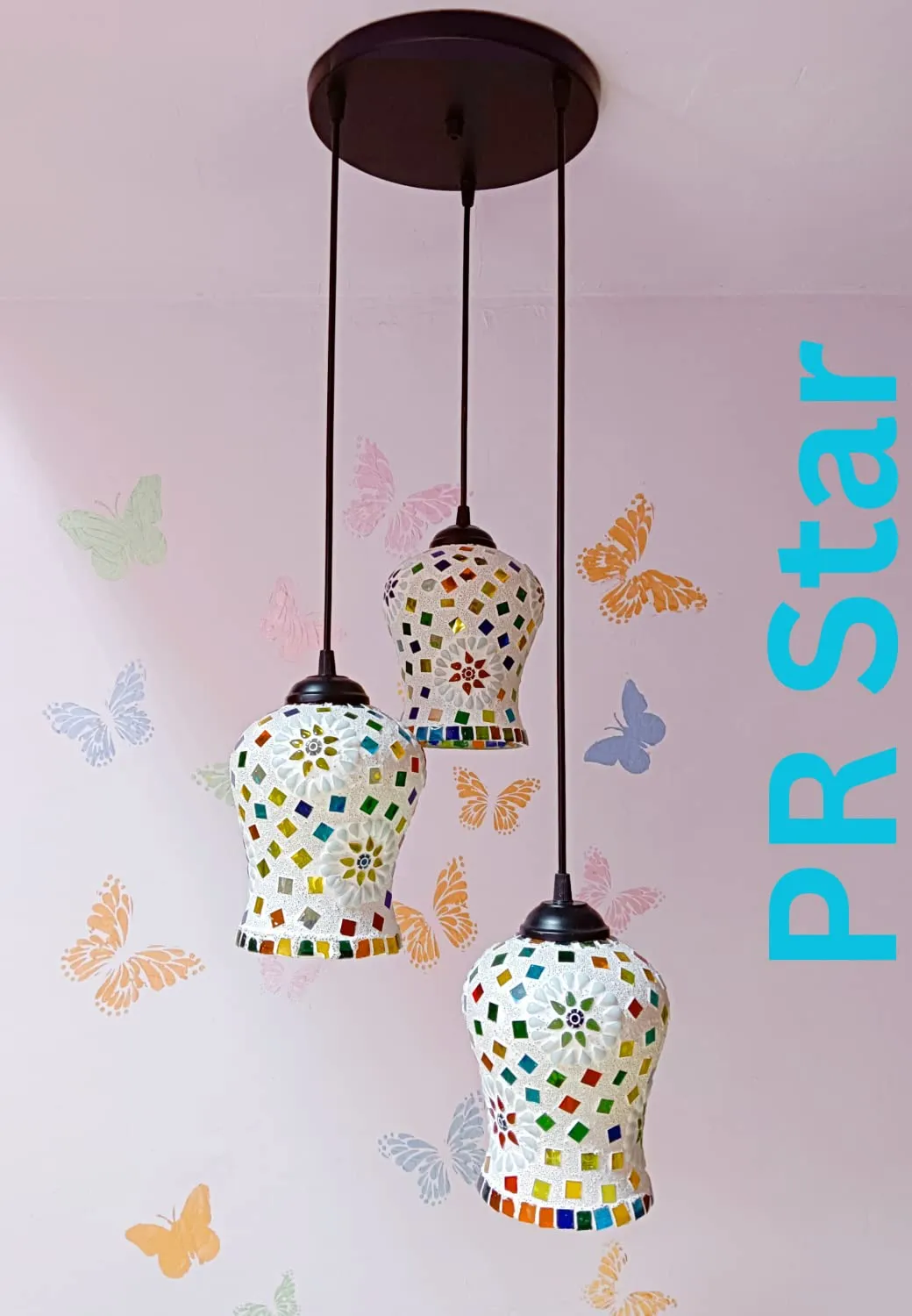 PR Star Classical Hanging Glass Mosaic Multi 3 Light Chandelier Pendants Ceiling Lamp (Multi Color)