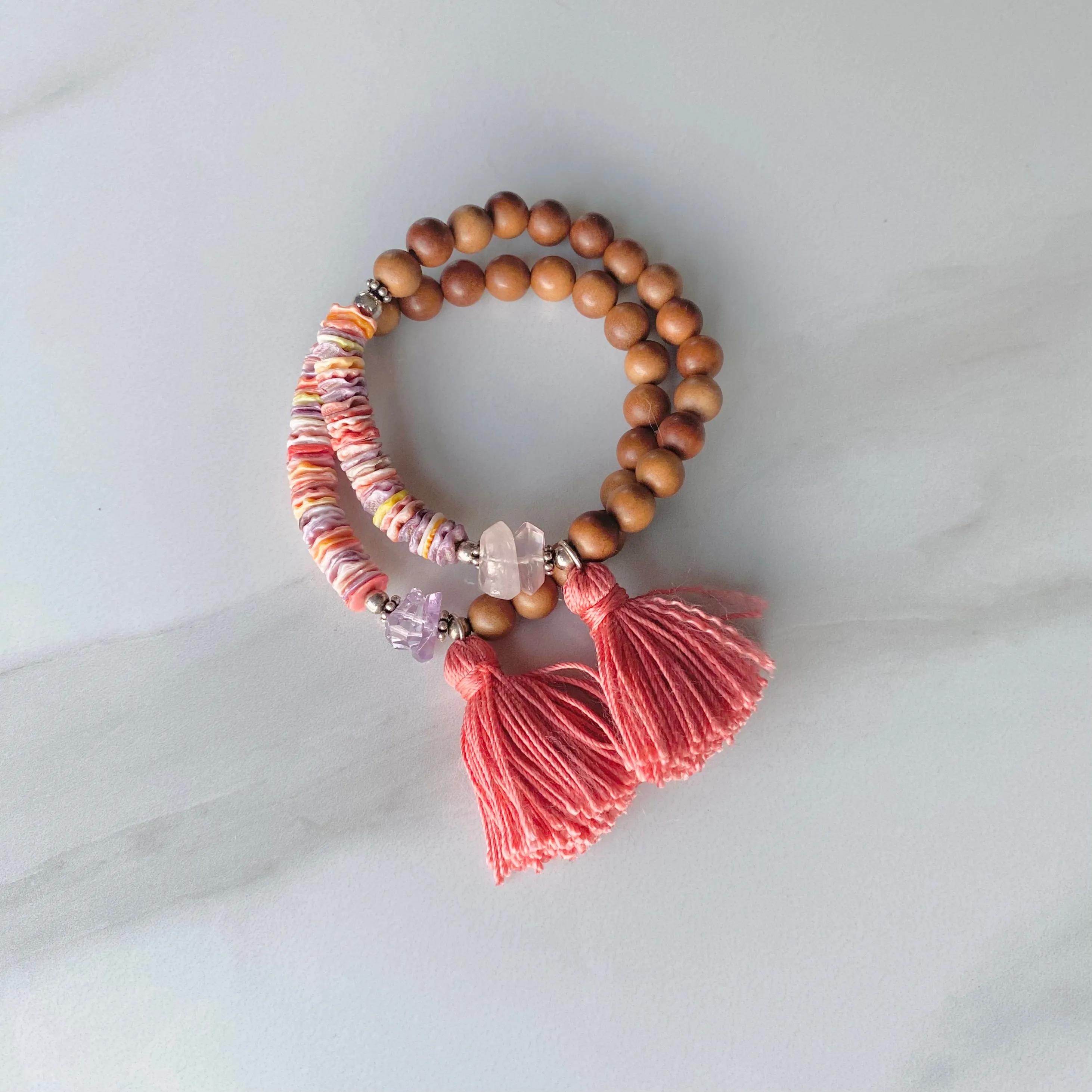 Rainbow Shell & Quartz Sandalwood Bracelet