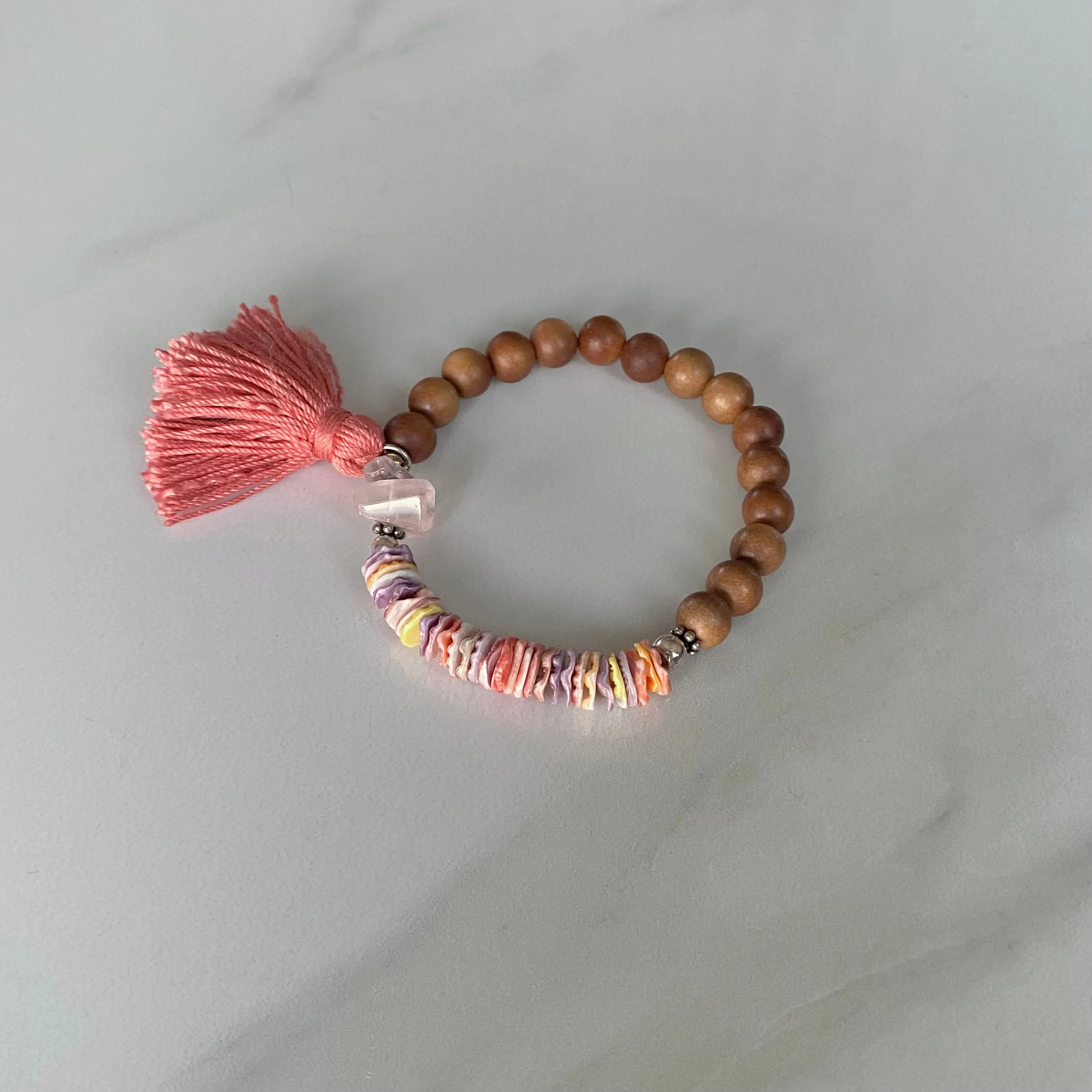 Rainbow Shell & Quartz Sandalwood Bracelet