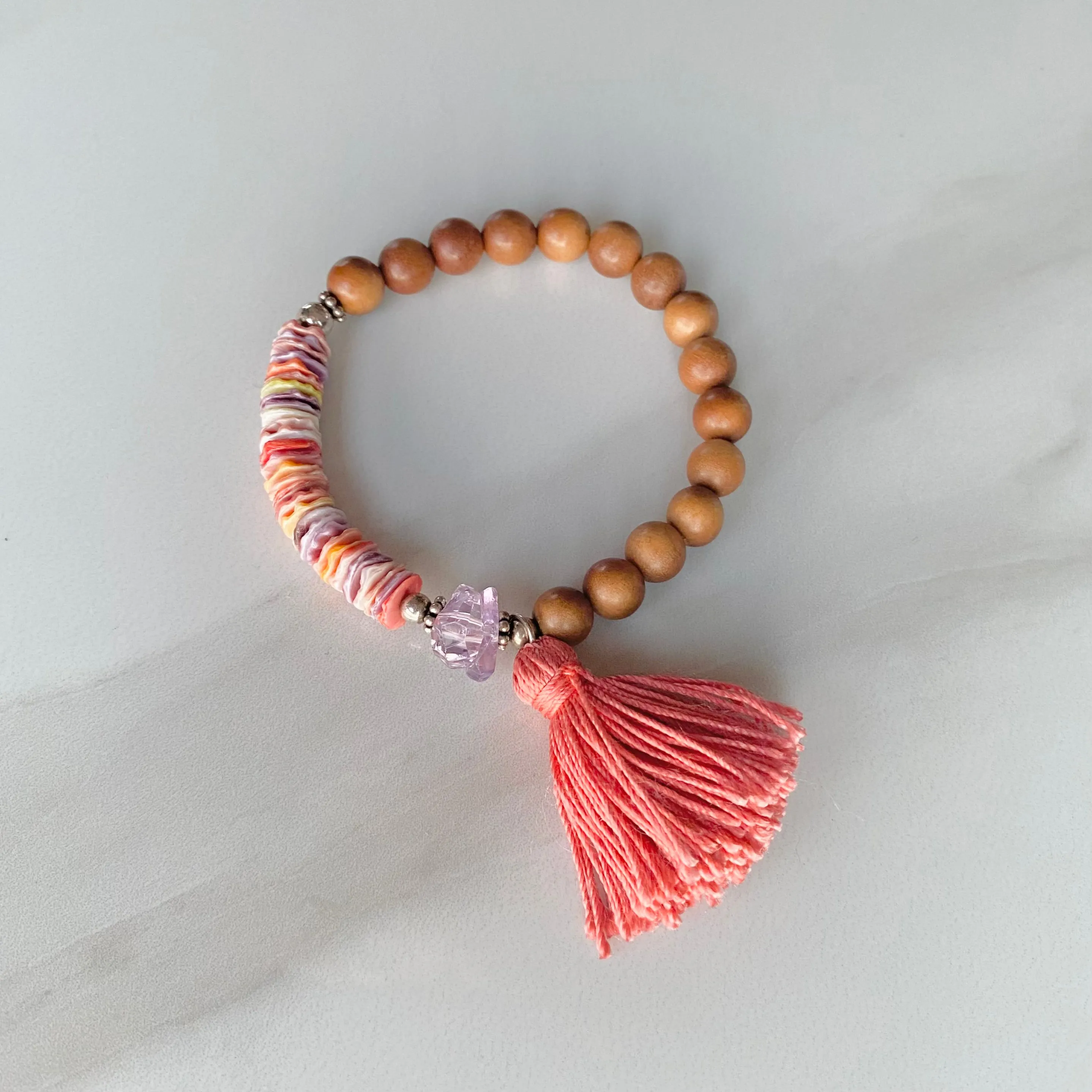 Rainbow Shell & Quartz Sandalwood Bracelet