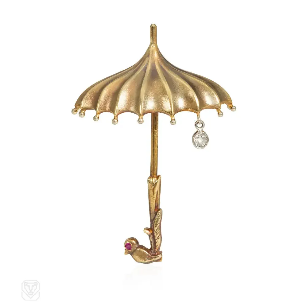 Retro gold parasol brooch