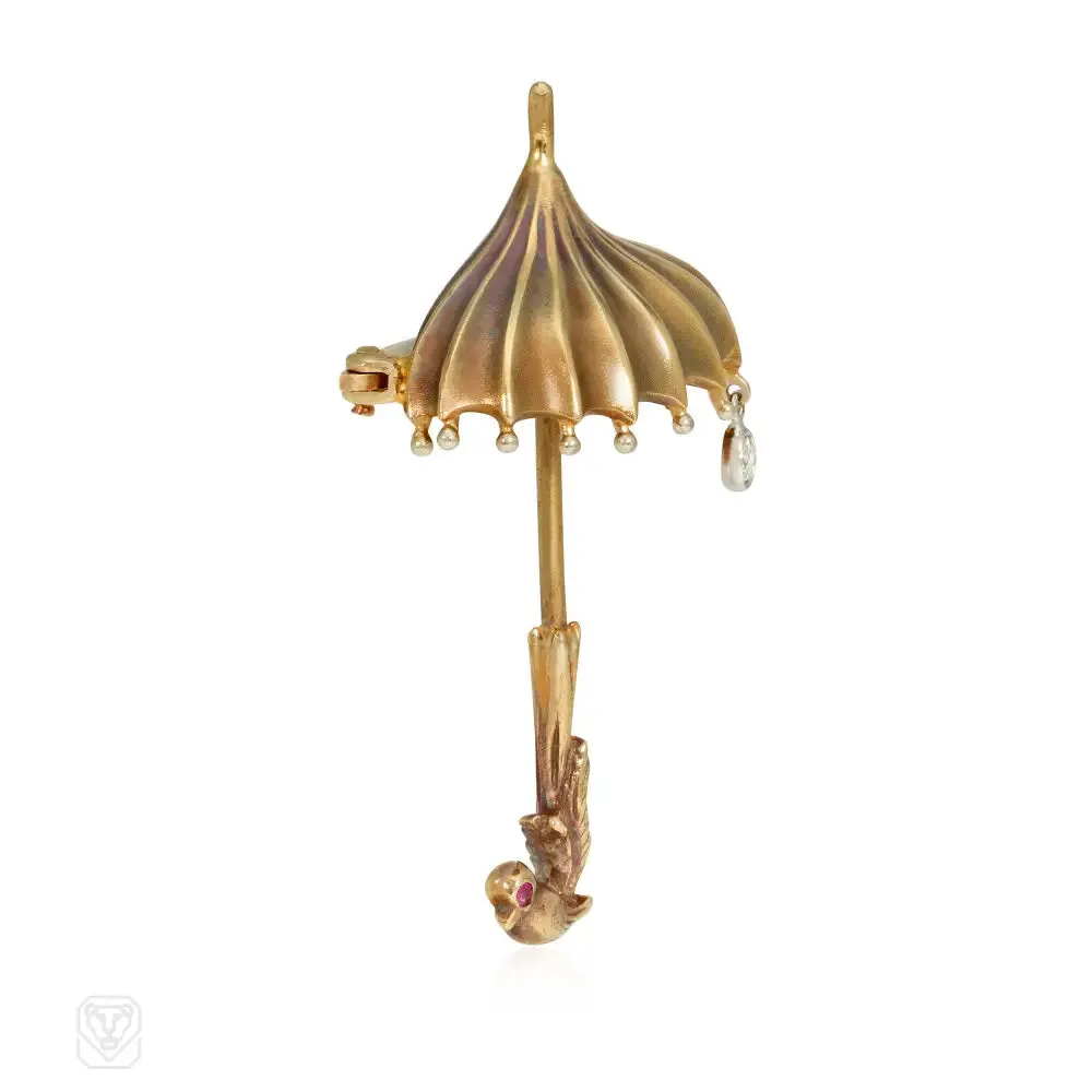 Retro gold parasol brooch