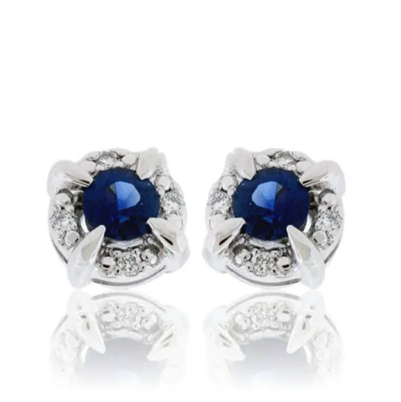 Round Blue Sapphire with Diamond Halo Stud Earrings