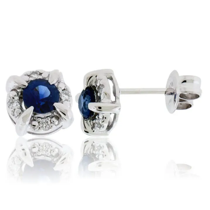 Round Blue Sapphire with Diamond Halo Stud Earrings