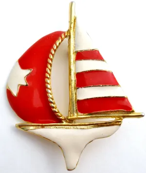 Sailboat Brooch Red & White Star Enamel Nautical Pin Vintage