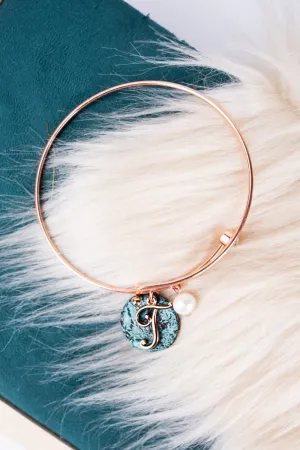 SALE! Rose Goldtone and Patina Monogram Initial 'T' Disk Charm Bangle