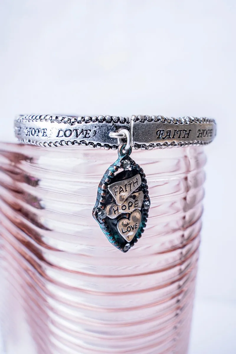 SALE! Silvertone and Patina 'Faith Hope Love' Stretch Bangle with Charm