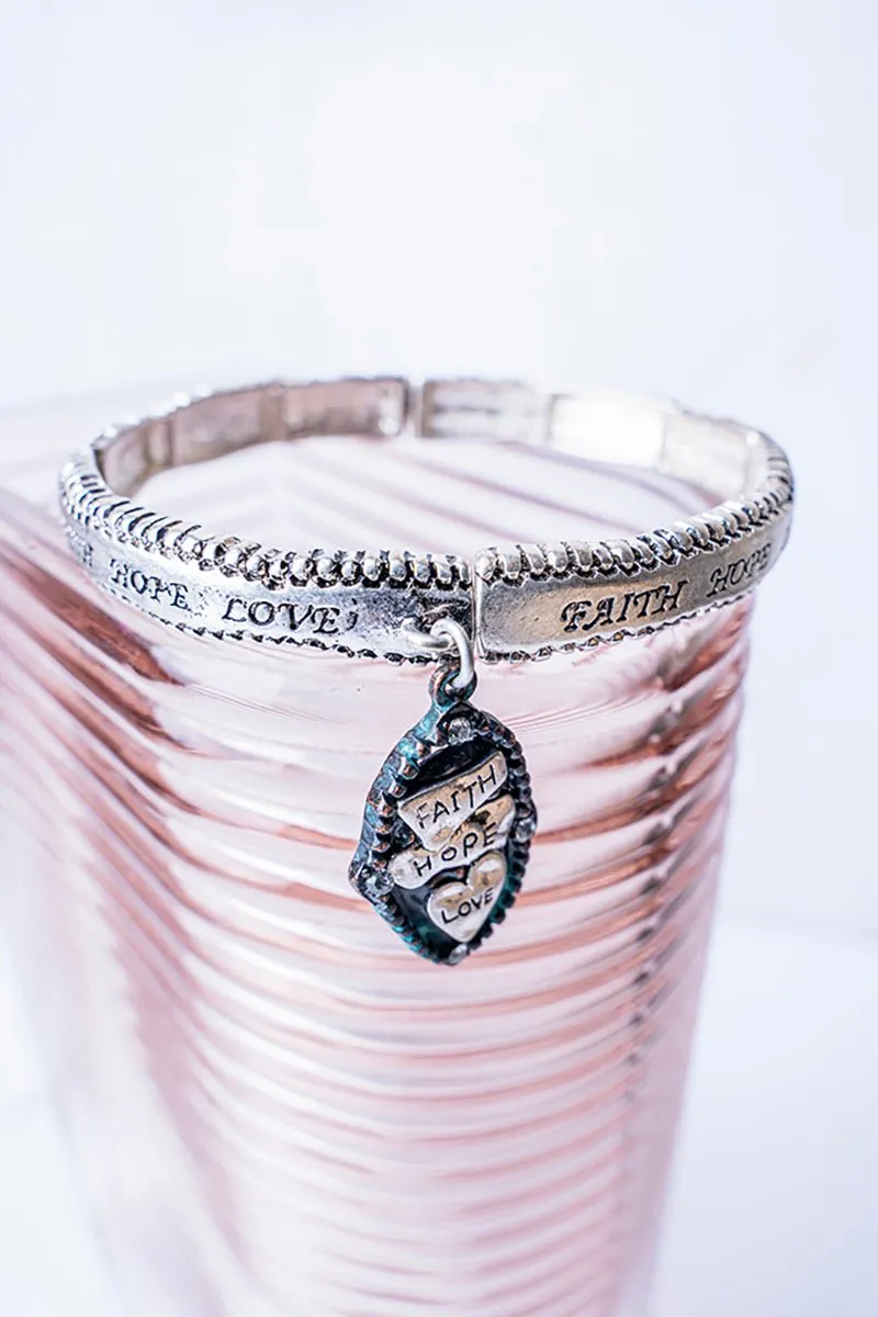 SALE! Silvertone and Patina 'Faith Hope Love' Stretch Bangle with Charm