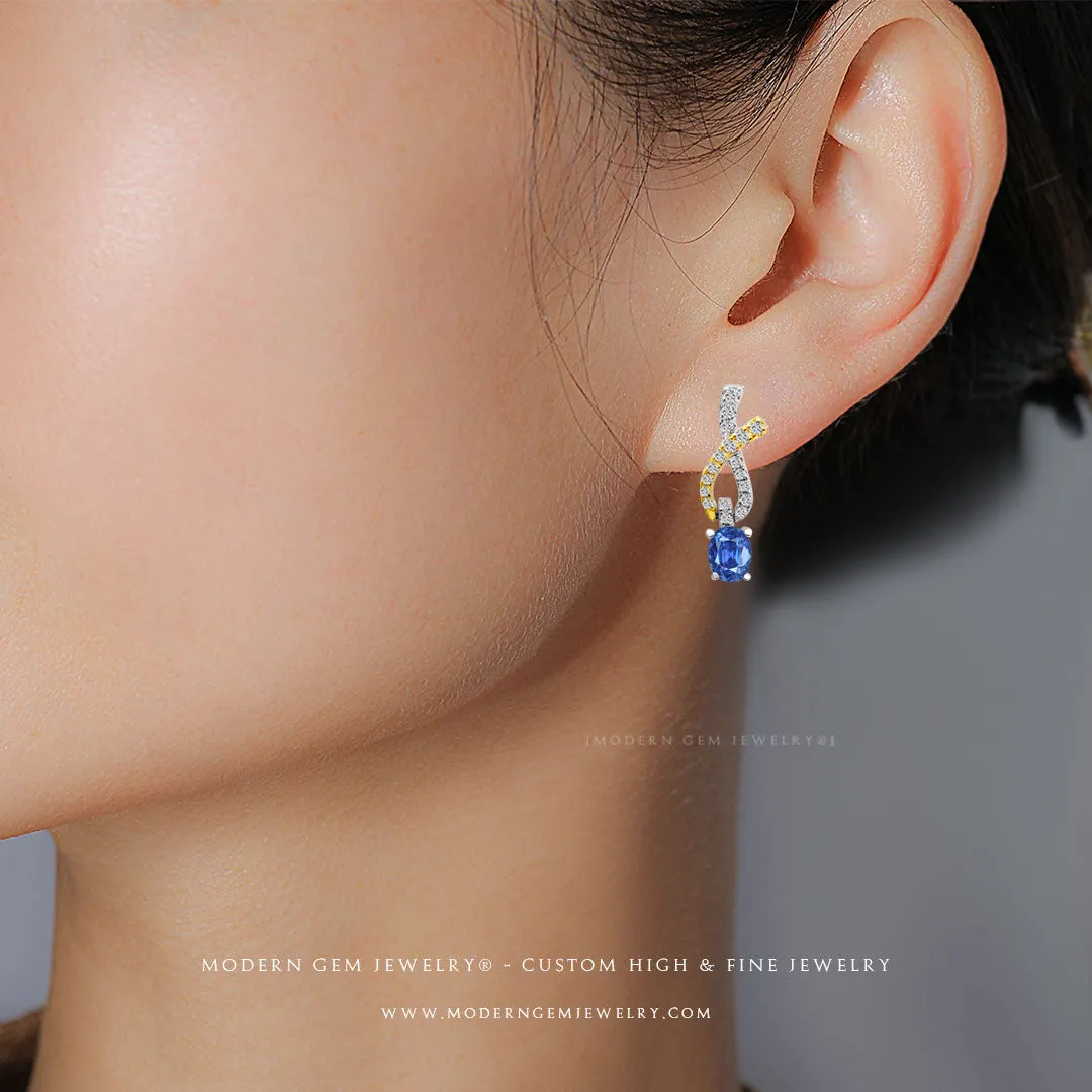 Sapphire Drop Earrings Two Tone White and Yellow Gold