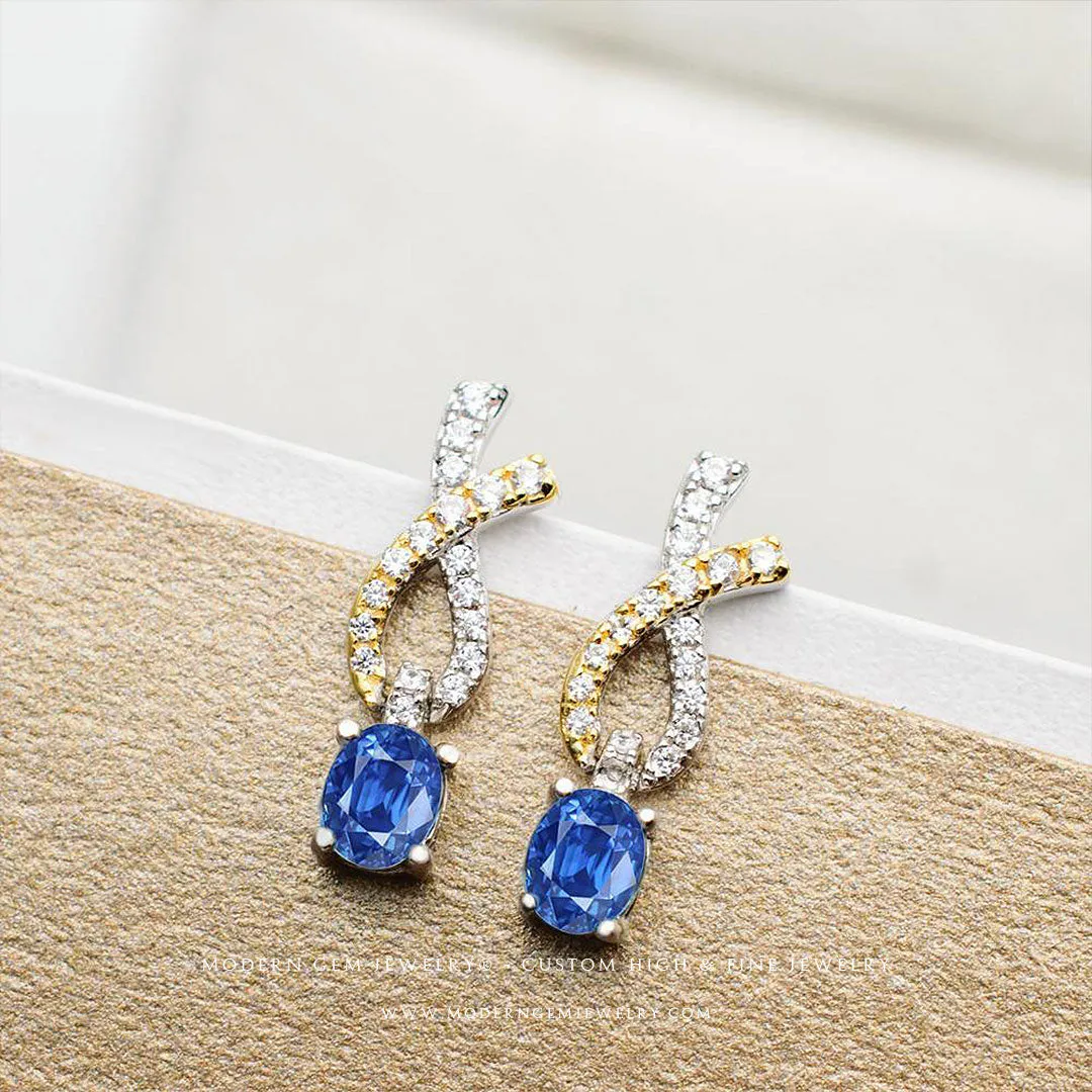 Sapphire Drop Earrings Two Tone White and Yellow Gold