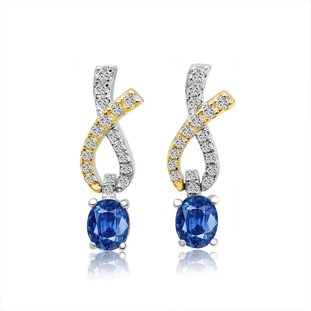 Sapphire Drop Earrings Two Tone White and Yellow Gold