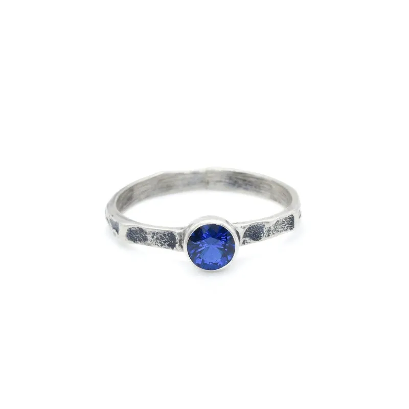 Sapphire Ring - Round Blue Ring - Hammered Silver Band