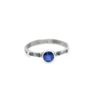 Sapphire Ring - Round Blue Ring - Hammered Silver Band