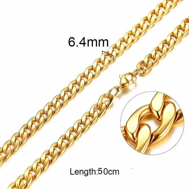 Silver Gold Filled Solid Necklace Curb Chains Link Men Choker Stainless Steel Male Female Accessories Fashion